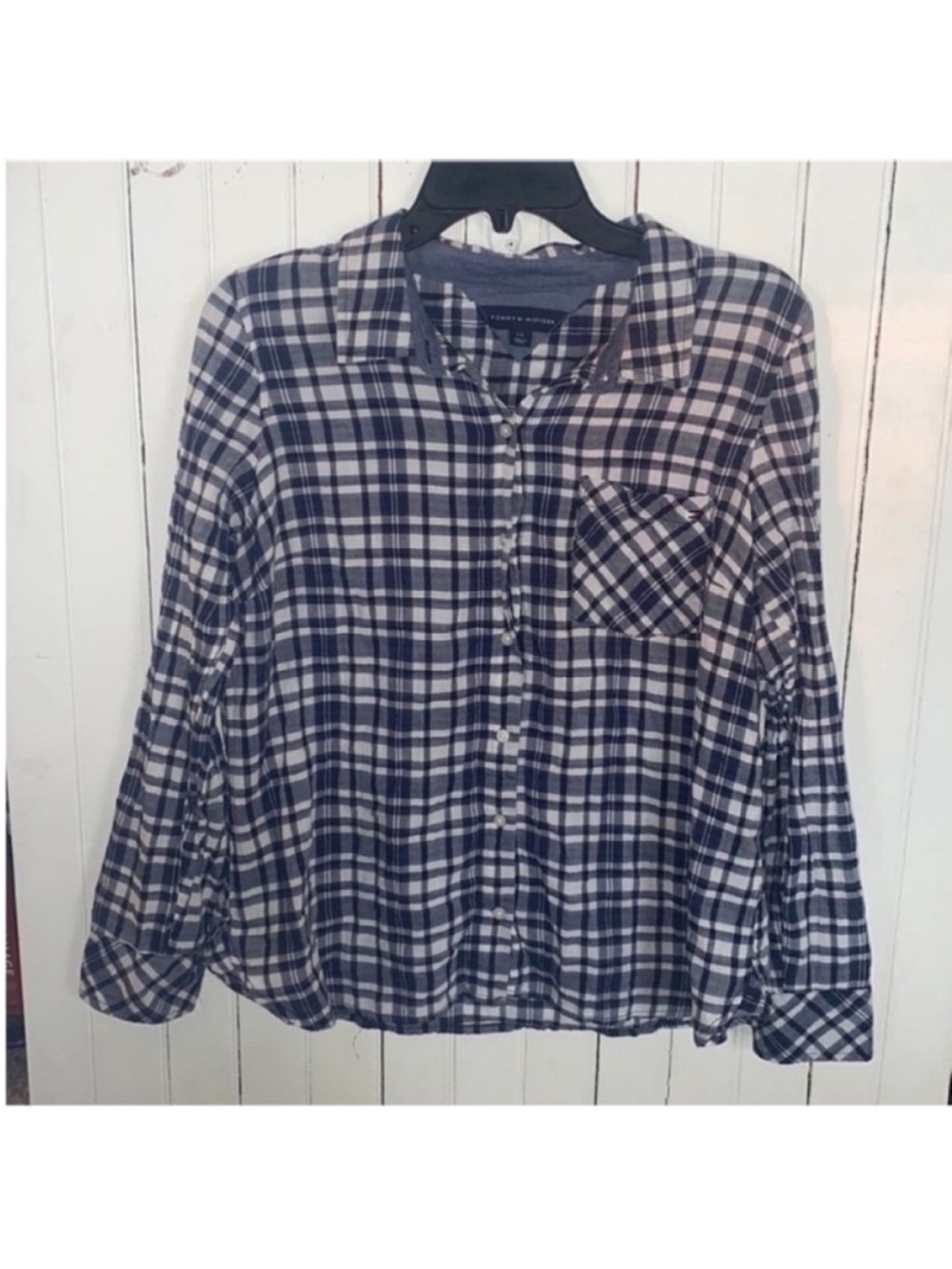 Tommy Hilfiger Button Down Top Blue White Plaid Size L